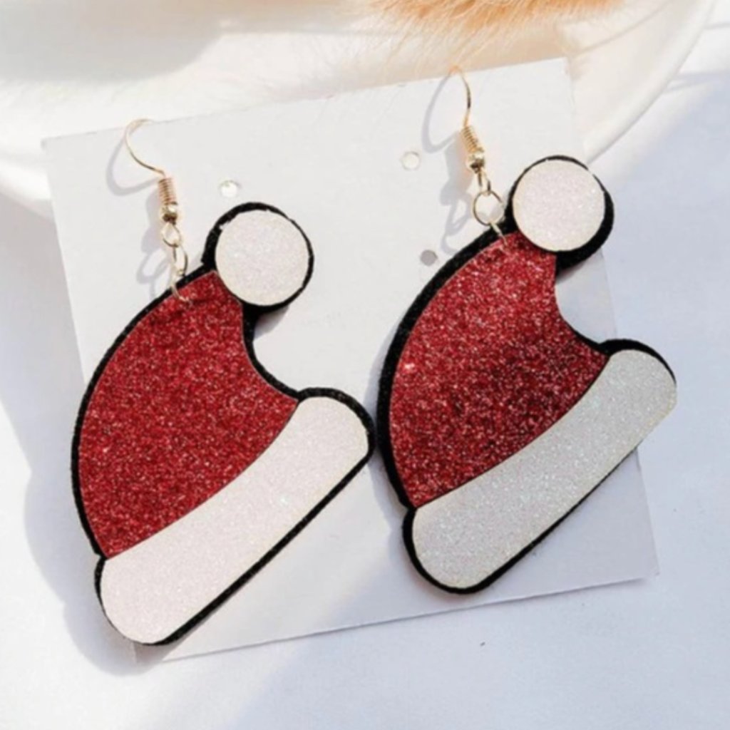 Red Glitter Santas Hat Christmas Dangle Earrings 22$